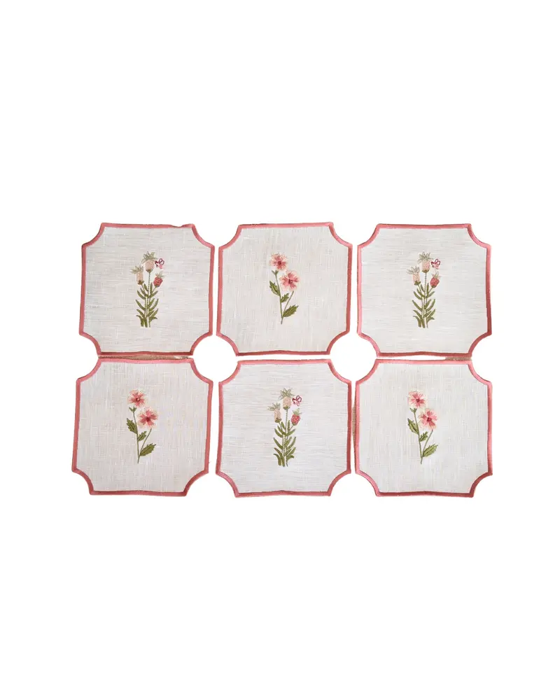 Linen Cocktail Napkins With Flowers Set of 6