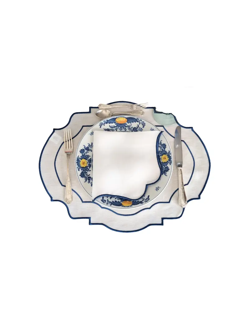 Linen Embroidered Placemats & Napkins Blue & White Set of 6