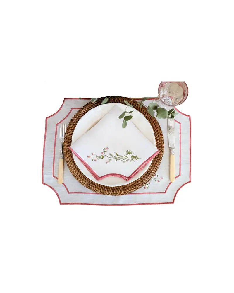 Linen Embroidered Placemats & Napkins Floral Set of 6
