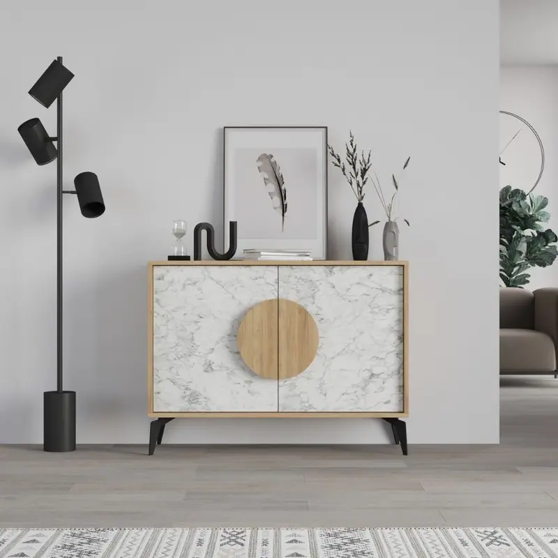 Madia Gora 110 cm struttura colore rovere con ante carrara effetto marmo bianco