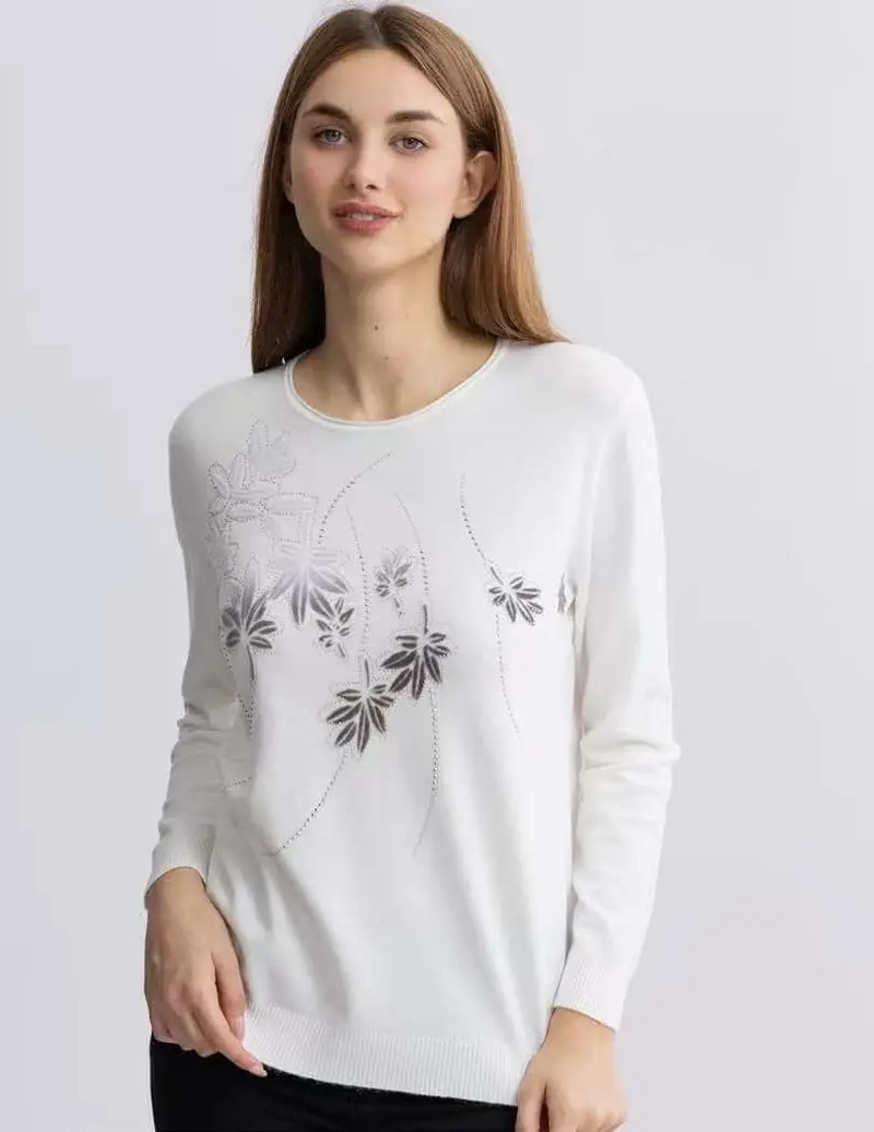 Maglia maniche lunghe con motivo a rombi e foglie