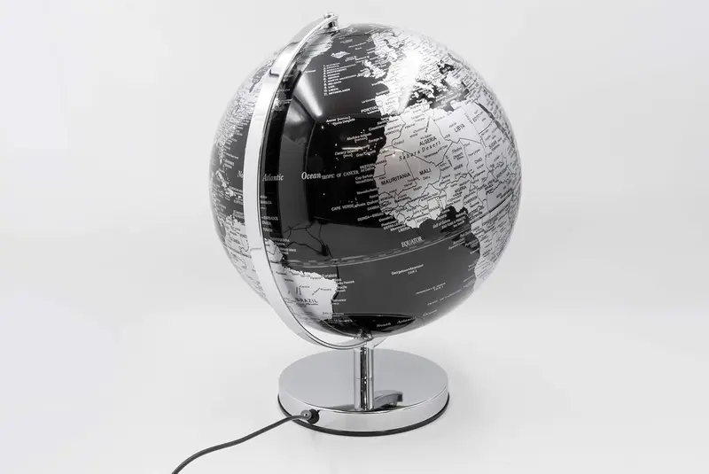 Mappamondo Decorativo Luminoso con Illuminazione a LED - Base in Metallo Argentato e Sfera in Metacrilato Ø 30 cm