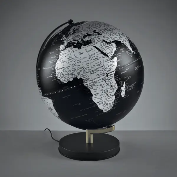 Mappamondo Illuminato a LED con Base in Acciaio Nero e Sfera in Metacrilato Nera – Diametro 30 cm