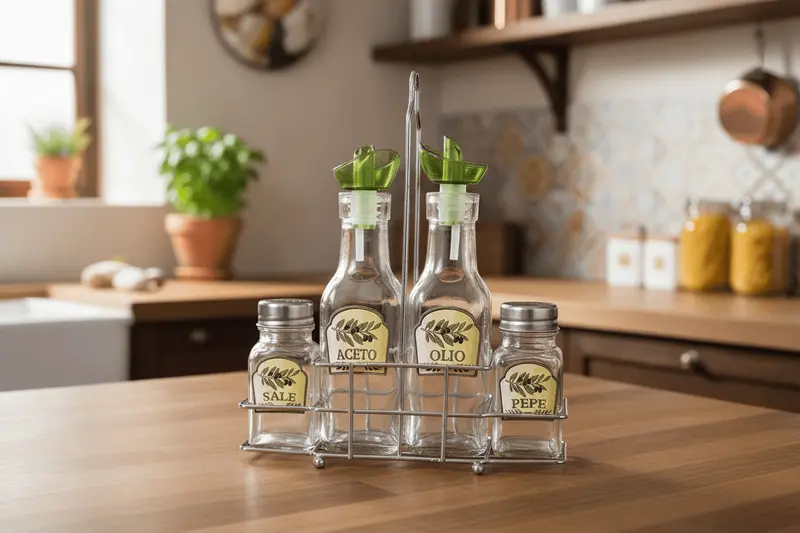 Menage 5 Pezzi Olio Aceto Sale Pepe con Struttura in Metallo