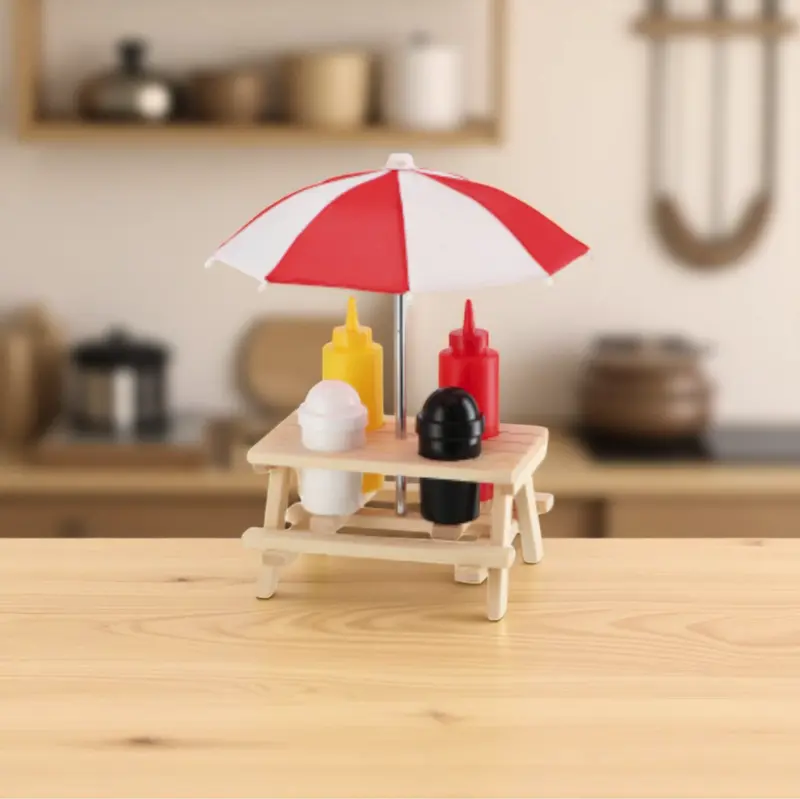 Menage in Plastica e Legno per Salse, Sale e Pepe - Assortito 2 Colori