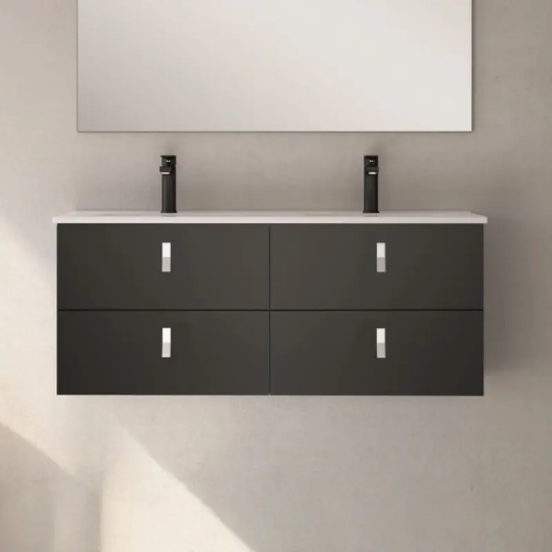 Mobile bagno sospeso Invicta con 4 cassetti colore nero con maniglie bianche 120x45x48 cm.