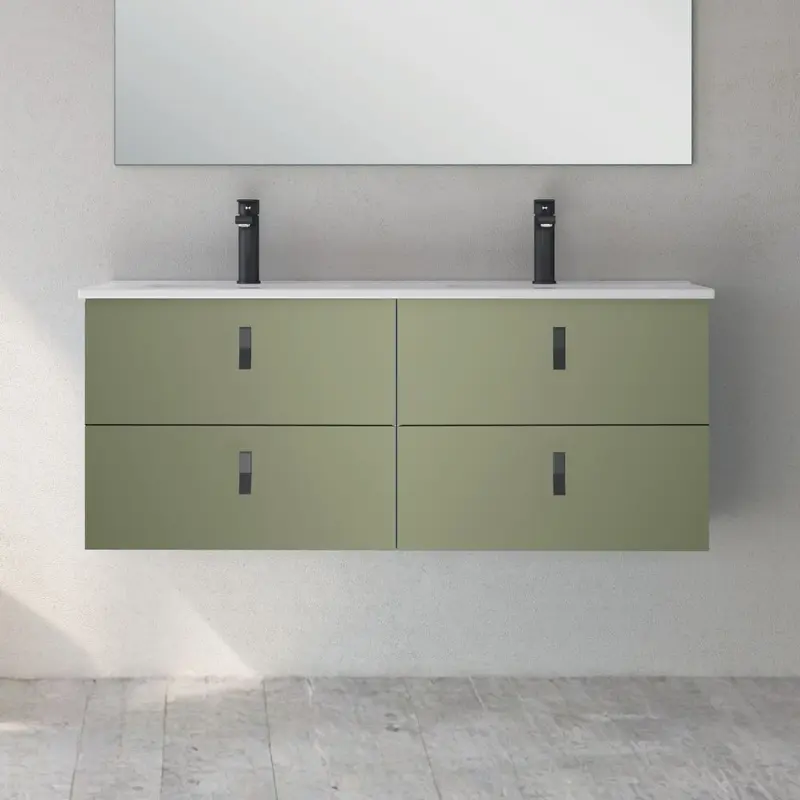 Mobile bagno sospeso Invicta con 4 cassetti colore verde oliva con maniglie nere 120x45x48 cm.