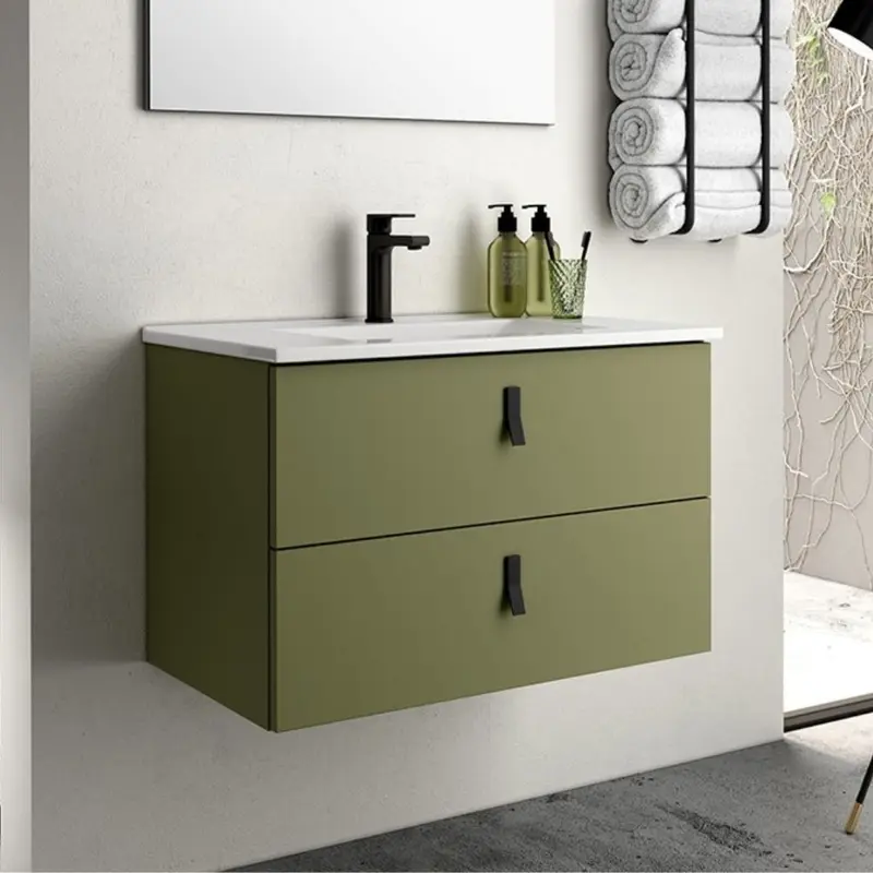 Mobile bagno sospeso Invicta con due cassetti colore verde oliva e maniglie nere 60x45x48 cm.