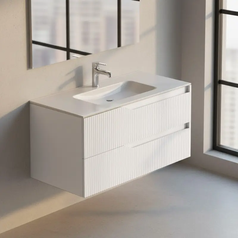 Mobile bagno sospeso Soho con due cassetti effetto cannettato colore bianco opaco 100x45x50 cm.