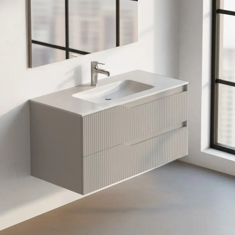 Mobile bagno sospeso Soho con due cassetti effetto cannettato colore cashmere opaco 100x45x50 cm.