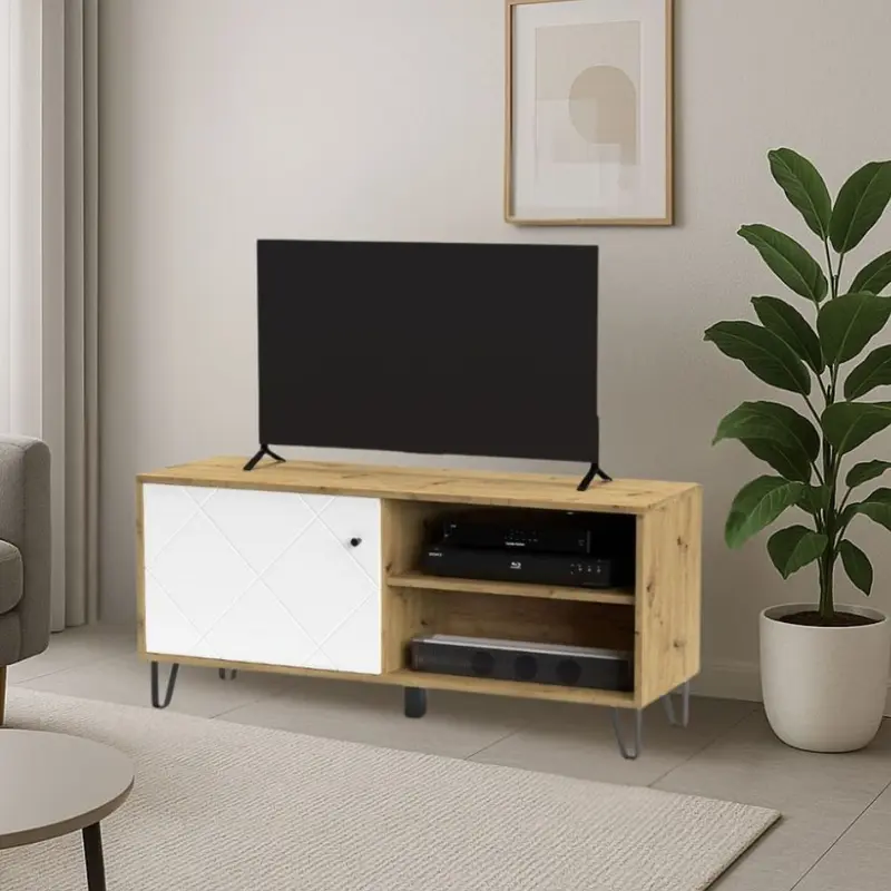Mobile porta tv Bollo BO01 con due vani a giorno rovere e un'anta bianca con dettaglio geometrico