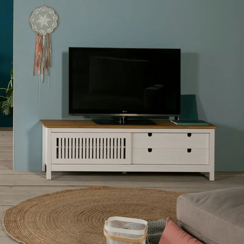 Mobile porta tv Bruna con 1 anta scorrevole e 2 cassetti in legno massiccio bianco e top pino
