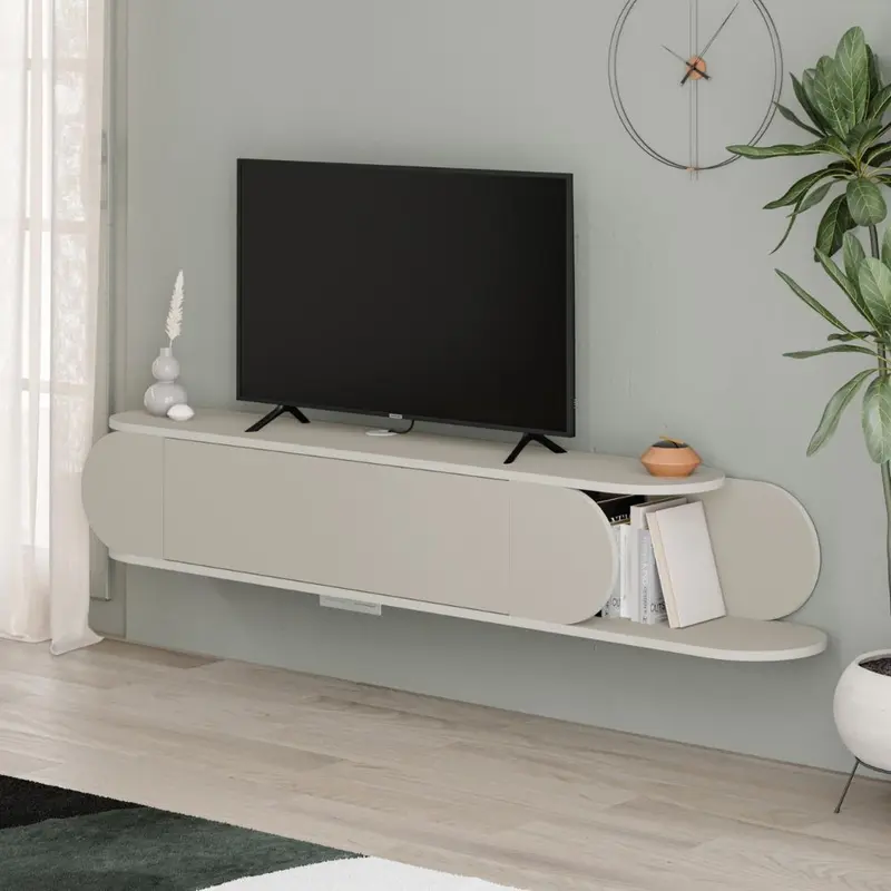 Mobile porta tv sospeso Tone con 2 ante a ribalta e vano laterale a giorno colore cashmere