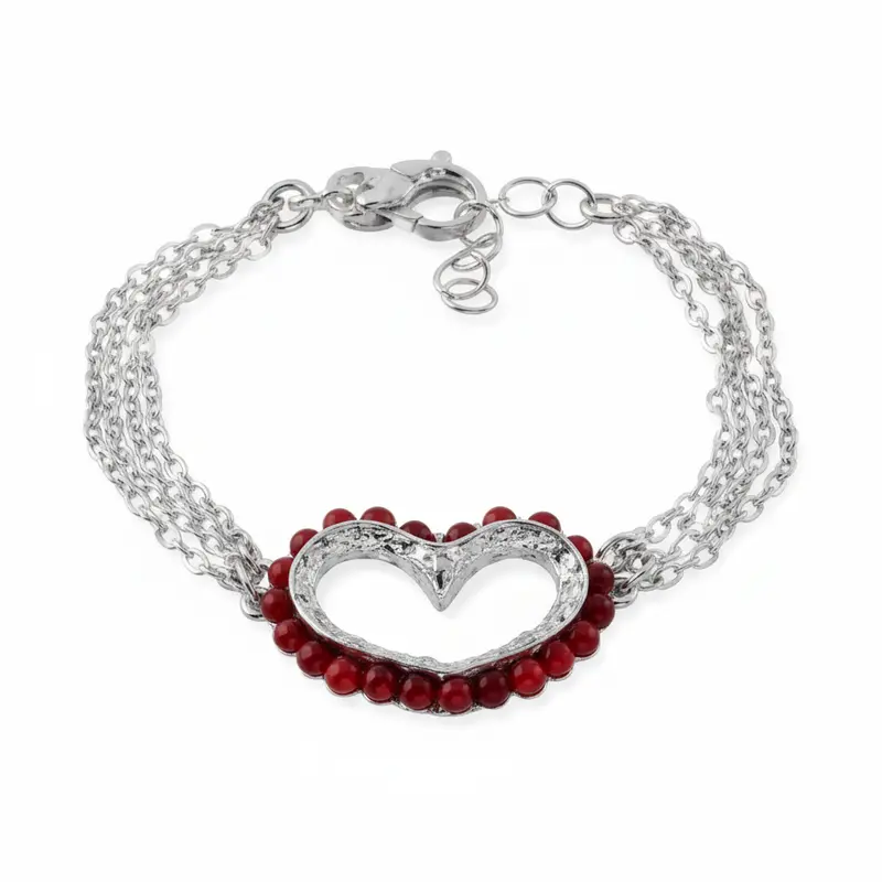 Multi-Chain Bracelet with Large Heart and Red Stone Beads