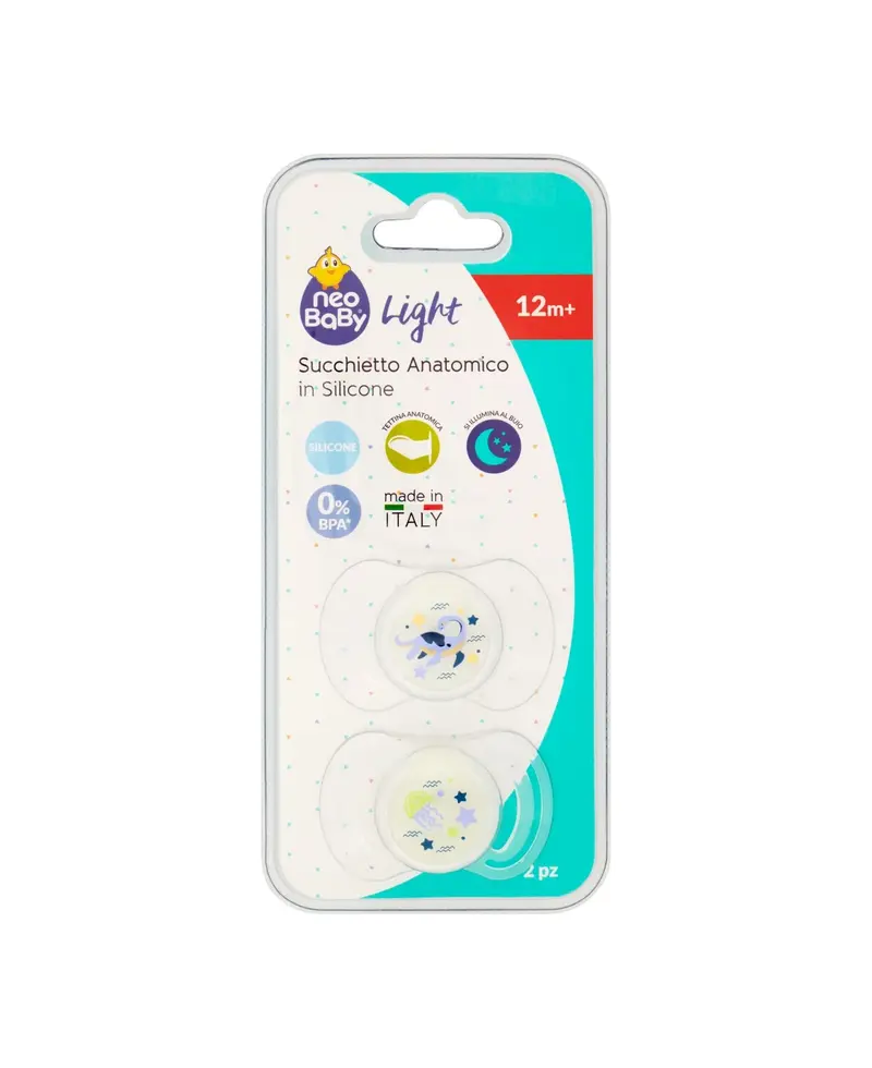 NEOBABY LIGHT SUCCHIETTO ANATOMICO IN SILICONE GLOW MAXI 12M+ 2PZ