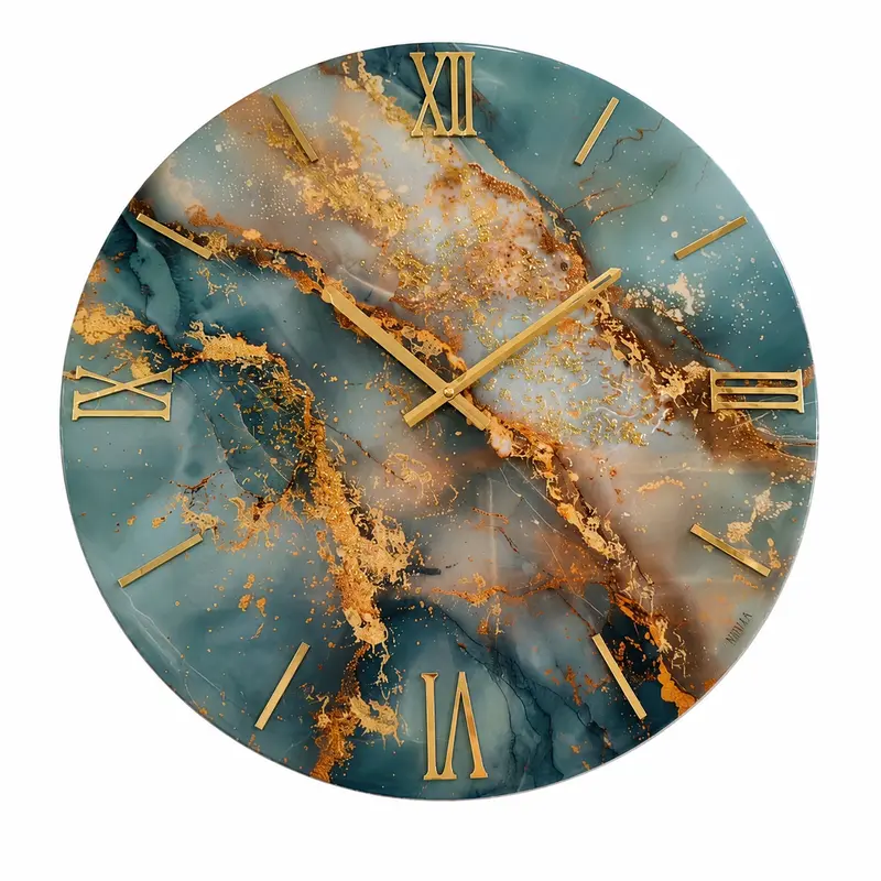 Ocean Gold – Orologio Design Ø 60 cm in Legno con Finitura Effetto Marmo Blu e Oro in Resina