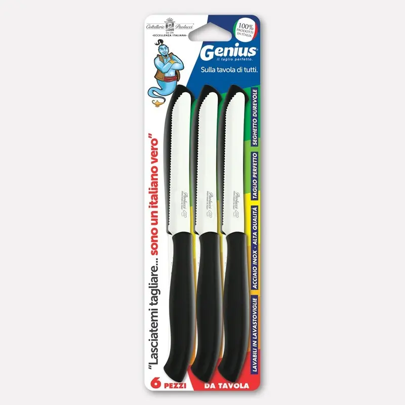PAOLUCCI GENIUS 6 COLTELLI DA TAVOLA LAME SEGHETTATE MANICO NERO ART.4803N CM.11