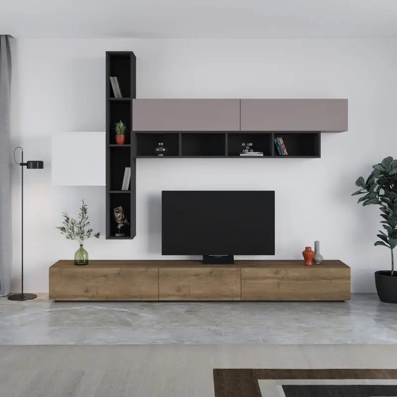 Parete attrezzata Fashion base colore hitit noce e pensili antracite, bianco e tortora H 205x40x275 cm.