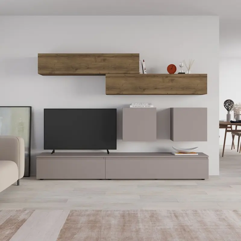 Parete attrezzata Licia in tortora e hitit noce H 186x40x250 cm.
