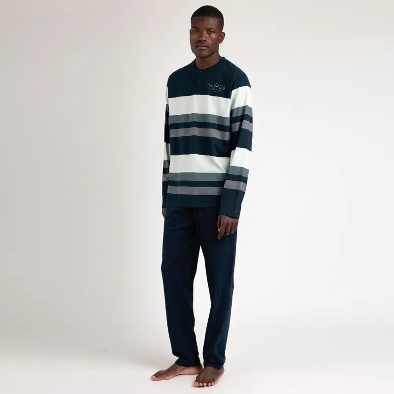 Pigiama Admas manica lunga con maglia rigata e pantalone tinta unita - 63130-0