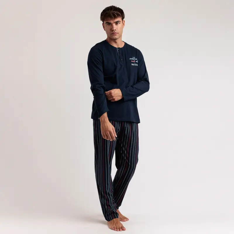 Pigiama Admas manica lunga con maglia tinta unita e pantalone rigato - 63135-0