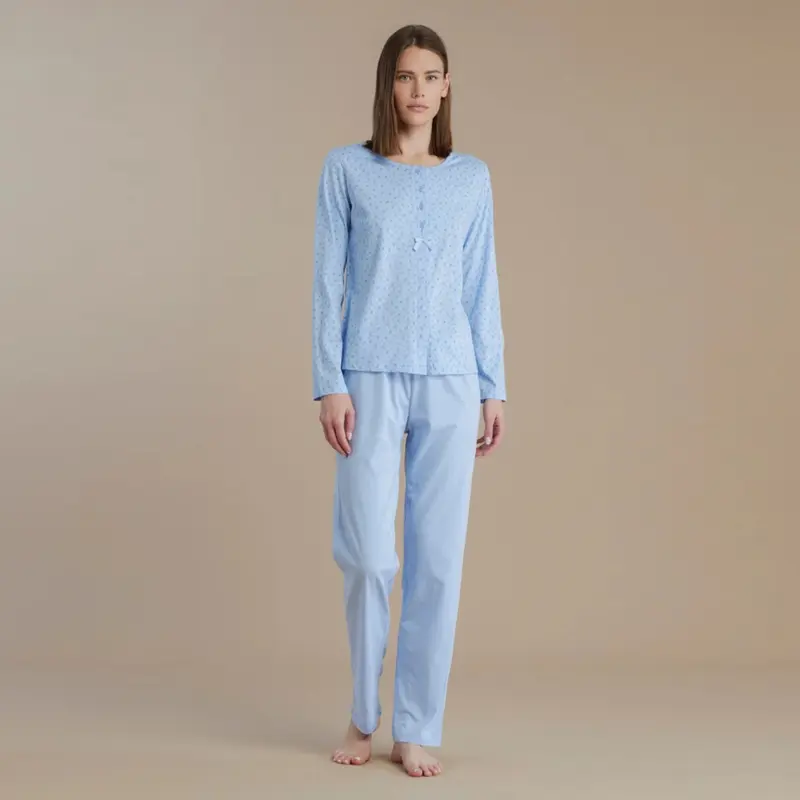 Pigiama donna calibrato in cotone aperto avanti con manica lunga pantalone lungo - FA9197AB