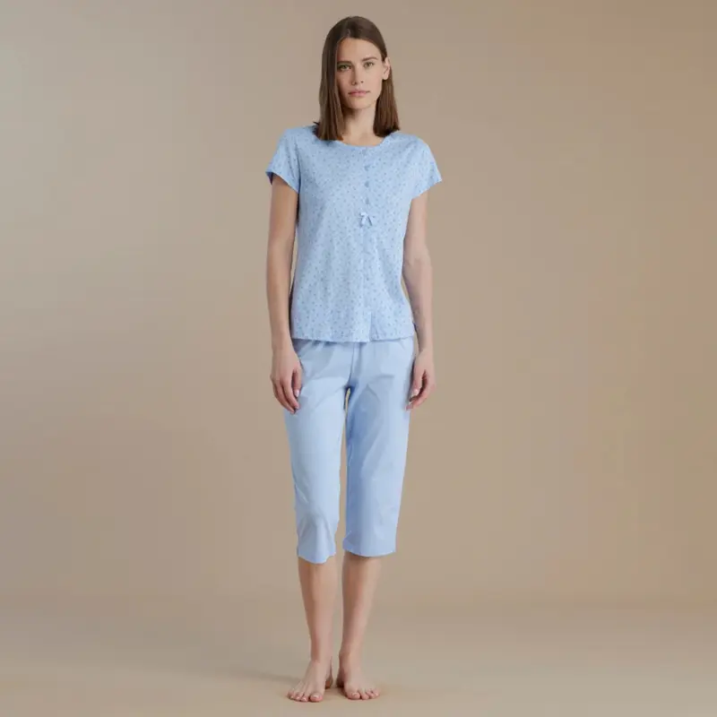 Pigiama donna mezza manica aperto avanti con pantalone pescatore - FA9045AB