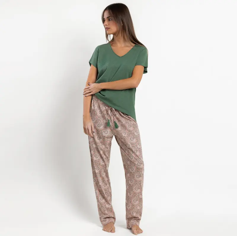 Pigiama pantalone lungo e maglia mezza manica scollo a v con dettaglio macramè - 64571-0