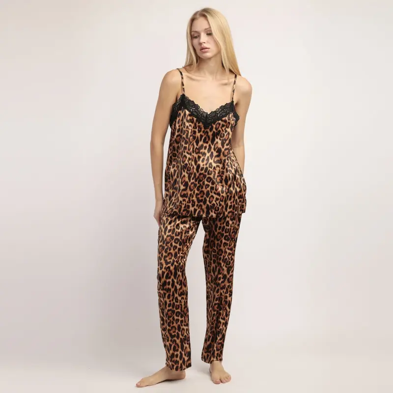 Pigiama pantalone lungo e top in raso maculato - 64587-0