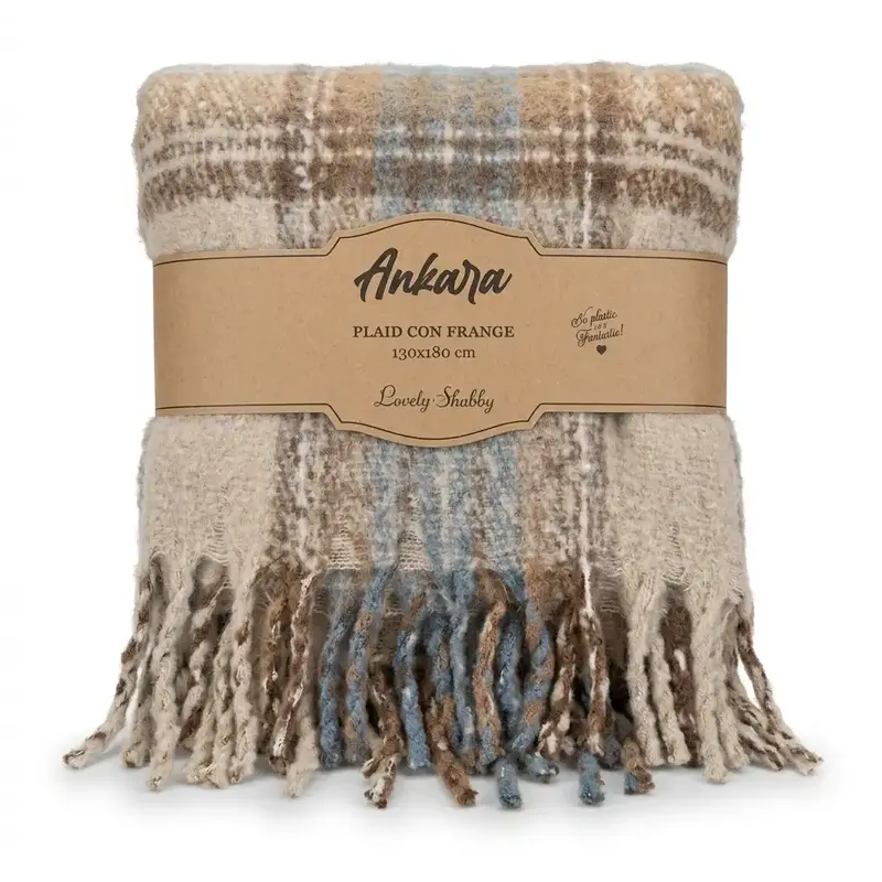 Plaid con frange 130 x 180 cm color tortora e azzurro