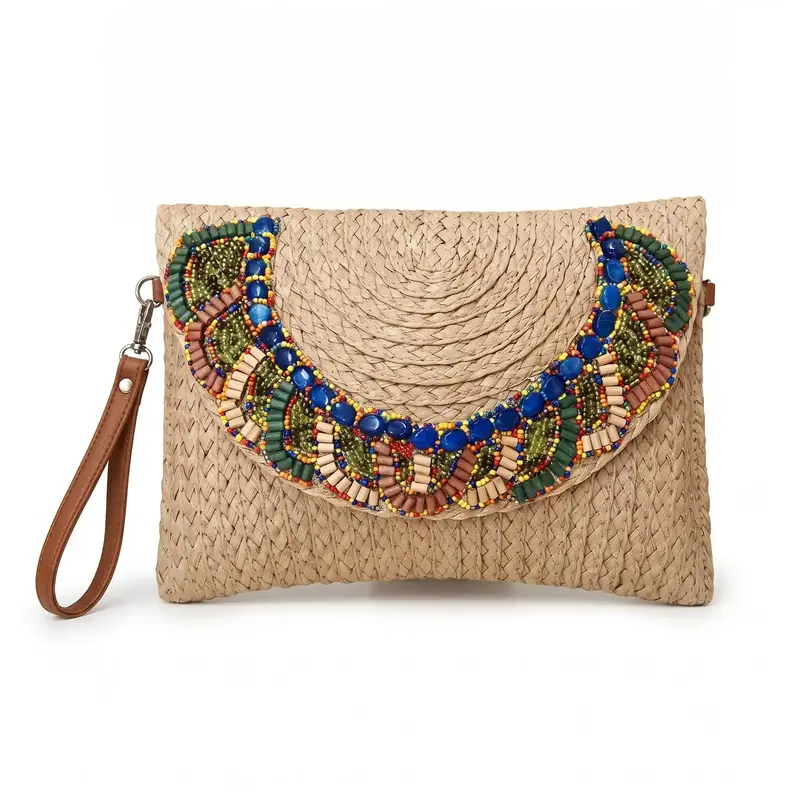 Pochette e Tracolla in Paglia con Dettagli Etnici