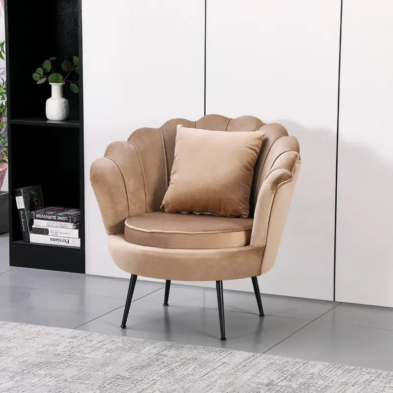 Poltrona a conchiglia Orel in velluto UF910-1 beige e gambe nero