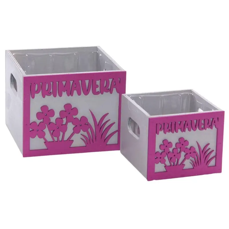 Portavaso fucsia in legno "Primavera" 15x15H12 in set di 2