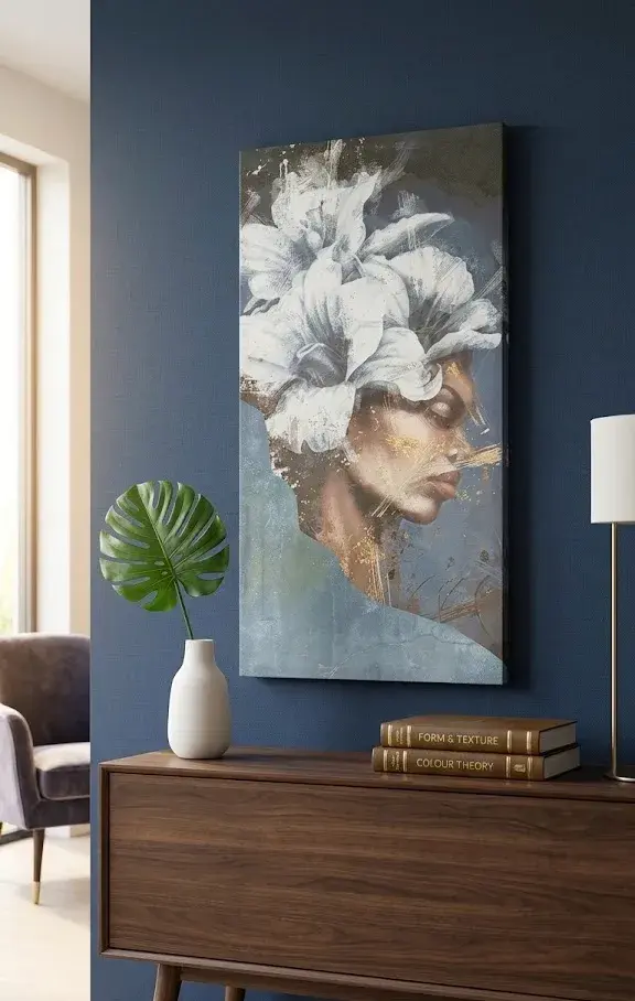 Quadro moderno viso di donna con fiori bianchi - 100x50 cm
