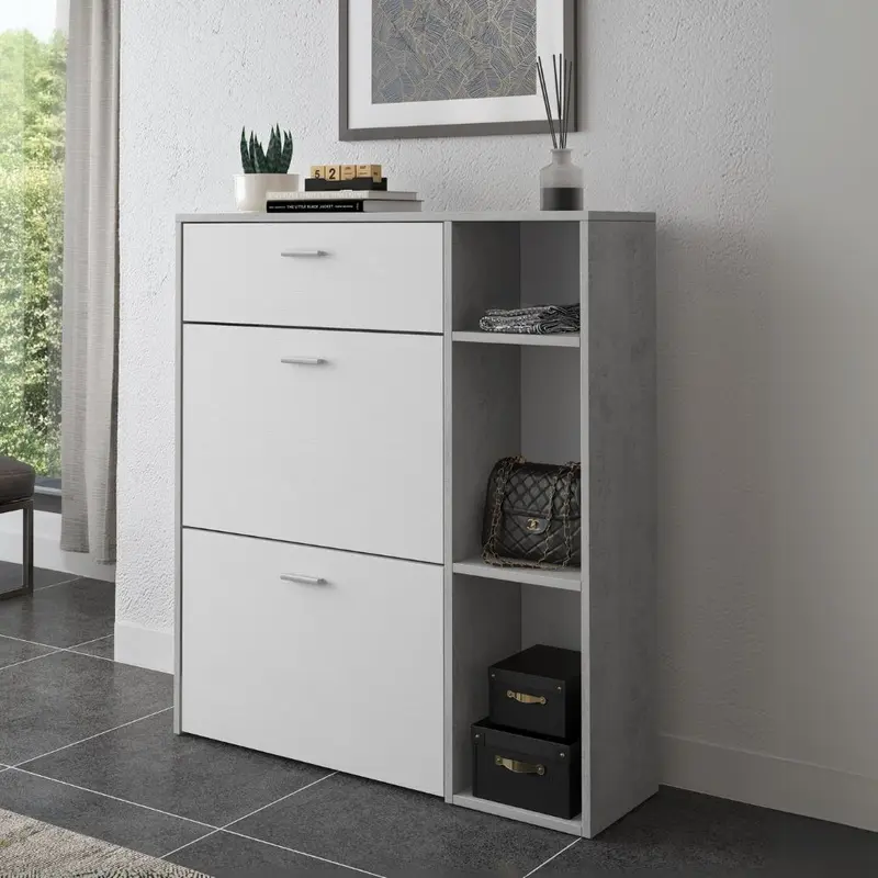 Scarpiera Takimi con 2 ante a ribalta 1 cassetto colore cemento e bianco