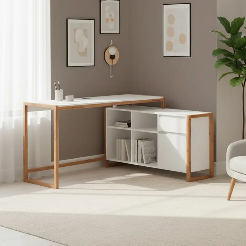 Scrivania angolare New Denver37A reversibile con 1 cassetto 1 anta e 4 ripiani in bianco e rovere