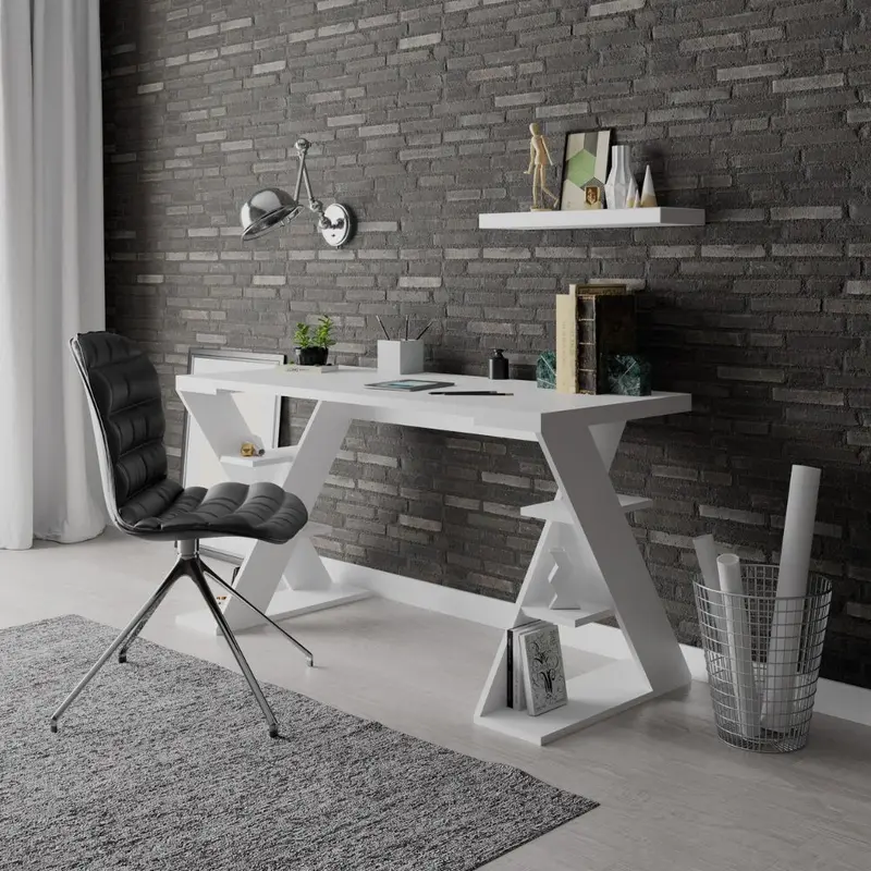 Scrivania Papillon con ripiani sulle gambe colore bianco