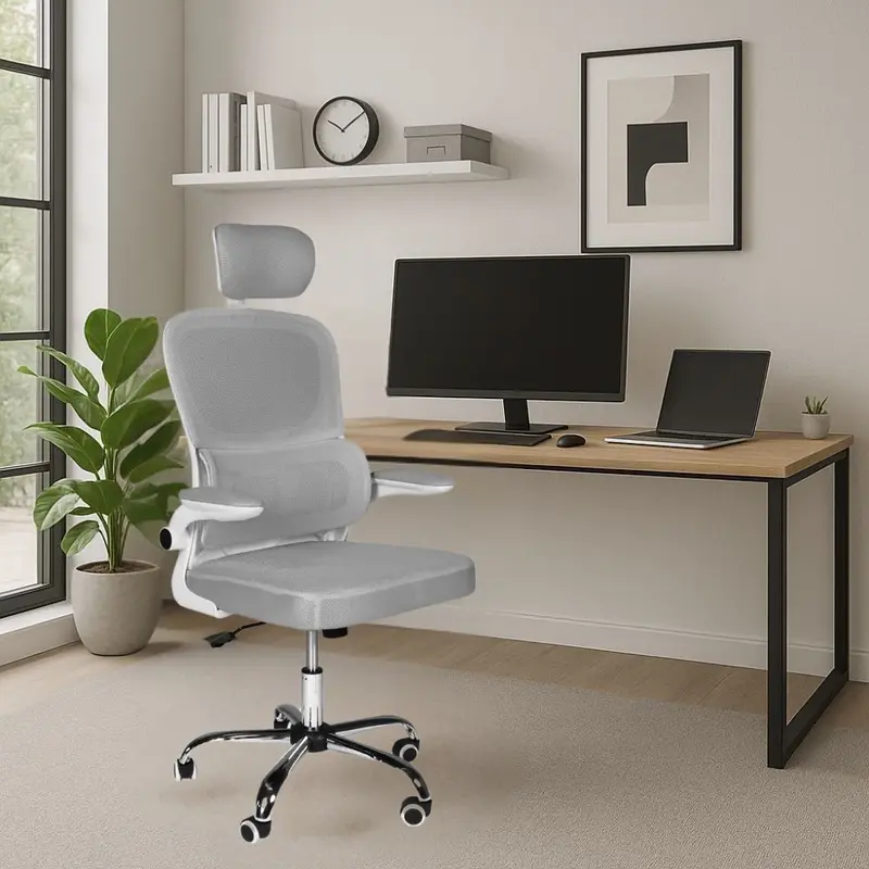 Sedia da ufficio ergonomica Vibes con struttura bianca e seduta in tessuto a rete grigio con base cromata