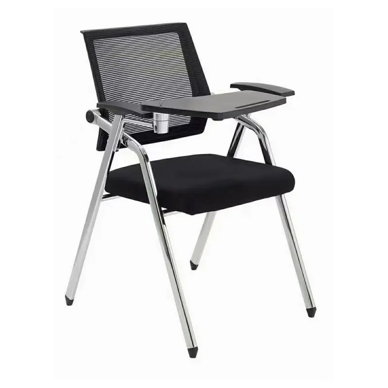 Sedia ufficio Loreto con tavolino ribaltabile, gambe in acciaio cromato e schienale in rete colore nero