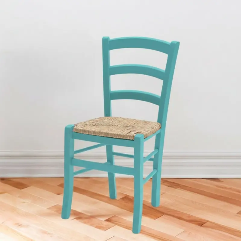 Sedia Venezia colore anilina celeste in legno di faggio con seduta in paglia set 2 pezzi