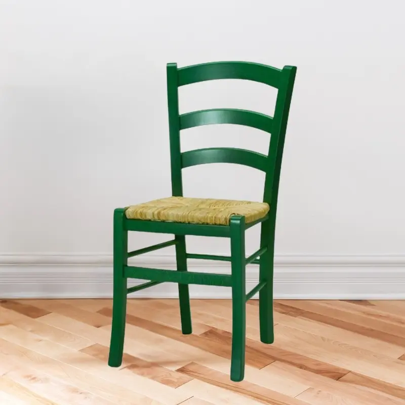 Sedia Venezia colore anilina verde scuro in legno di faggio con seduta in paglia set 2 pezzi