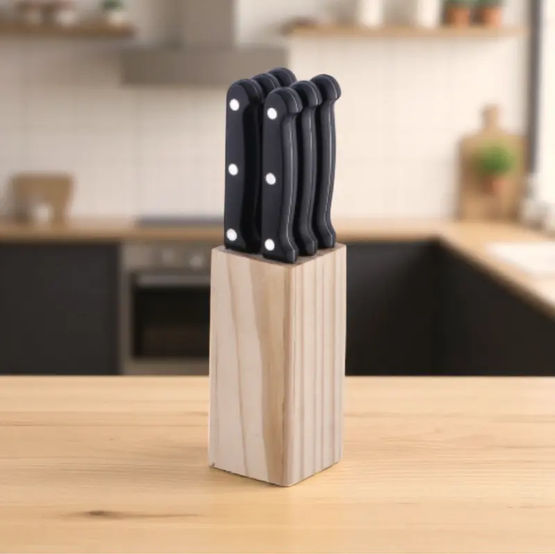 Set 6 Coltelli in Acciaio con Ceppo in Legno