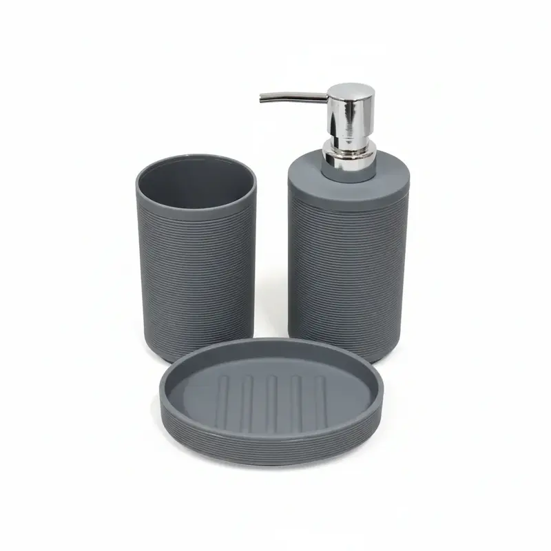 Set Accessori Bagno 3 Pezzi in Plastica con Texture Rigata