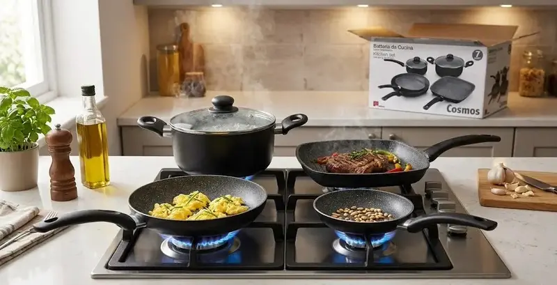 Set Batteria da Cucina 7 Pezzi – Alluminio Pressofuso con Rivestimento Antiaderente Effetto Marmo