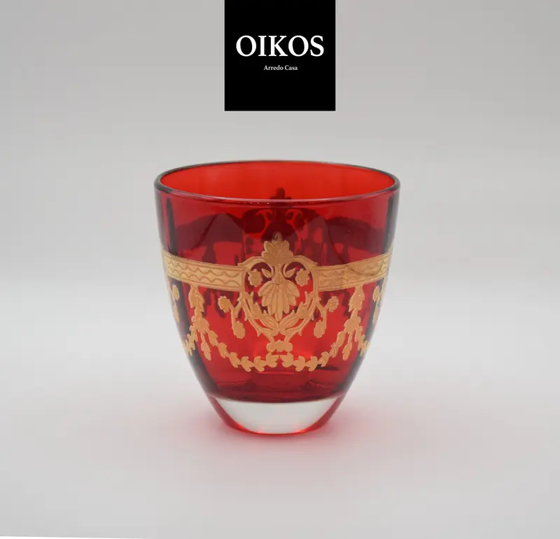 Set da 6 Biccchieri acqua in cristallo alta qualità colorazione rosso con finiture dorate