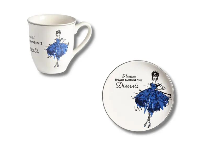 Set Mug e piatto dolce 22 cm ballerina vestito blu stressed spelled backwards is dessert