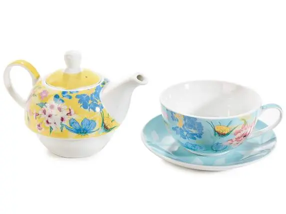 Set Teiera con tazza in porcellana con decori floreali