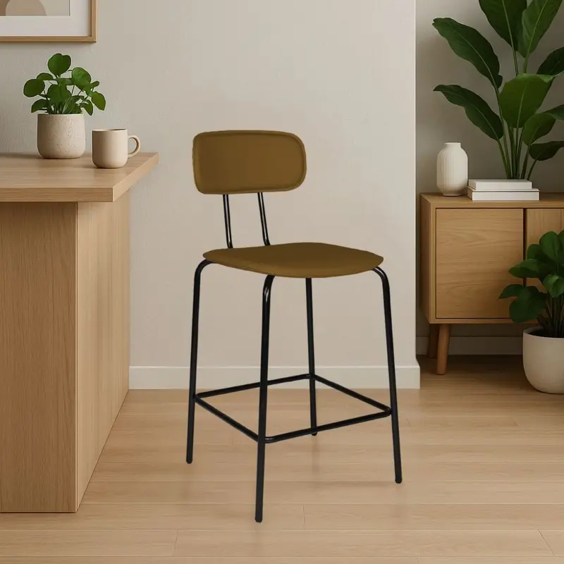 Sgabello Glami in pvc effetto cuoio brown con struttura in metallo nera