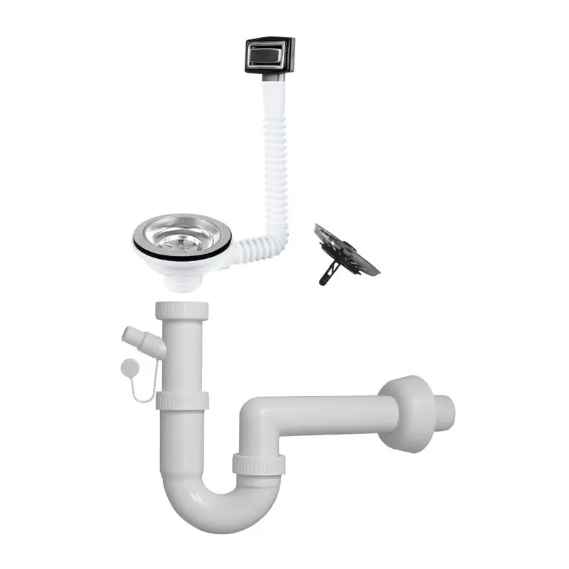 Sifone a 1 via per lavelli in quarzo con pilettone eco e troppo pieno rettangole con griglia inox