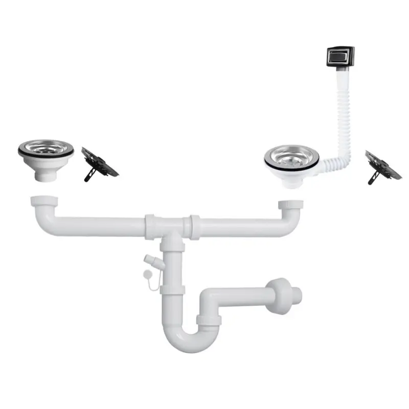 Sifone a 2 vie per lavelli in quarzo con pilettone eco e troppopieno rettangolare con griglia inox